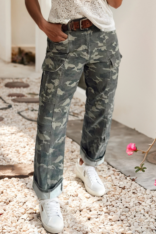 Camouflage Print Multi Pocketed Womens Denim Pants: Green Camoflage