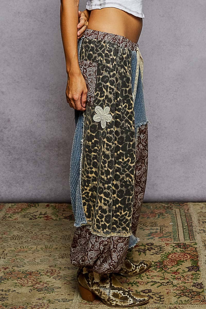 Crochet patch detail contrast patchwork printed woven pants