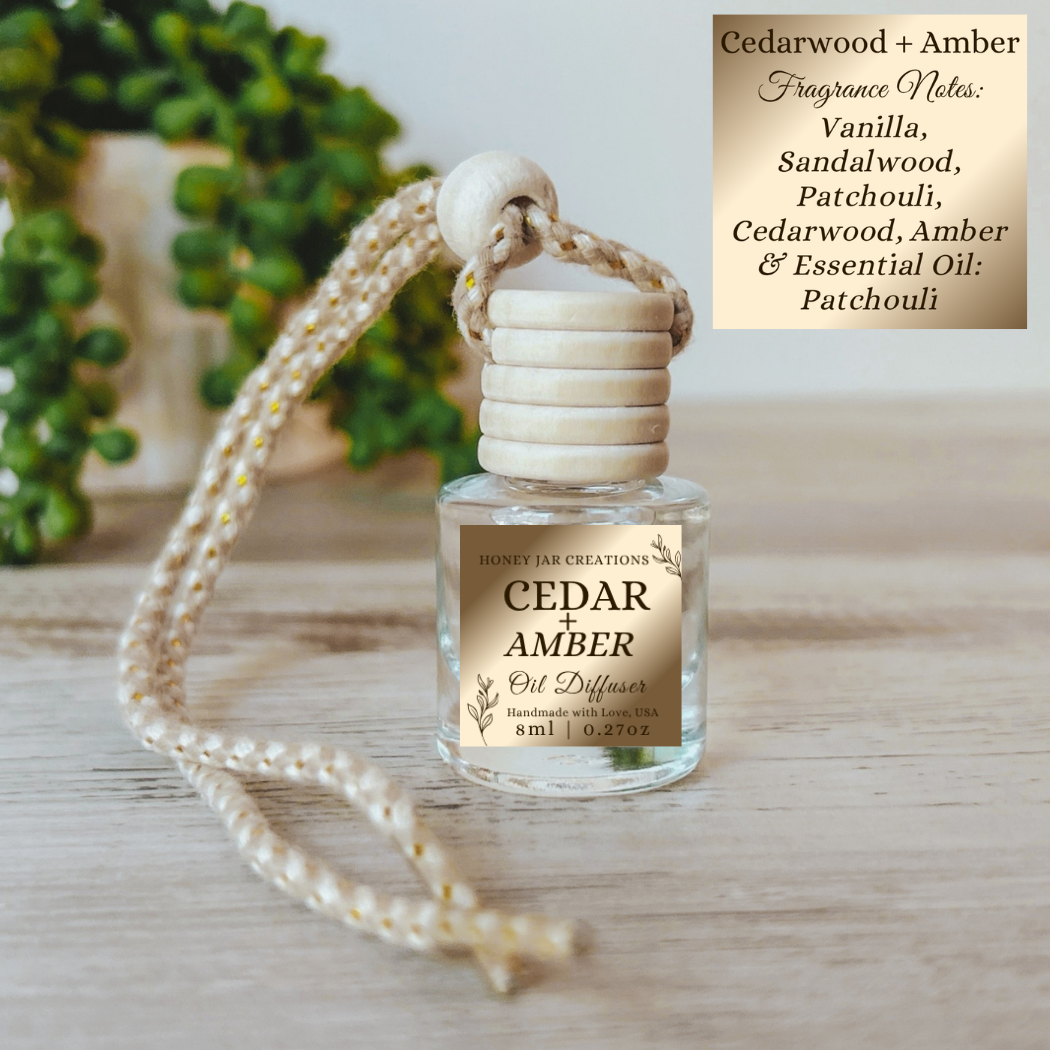 Hanging Car Diffuser | Cedarwood + Amber | Made in USA: Square Bottle