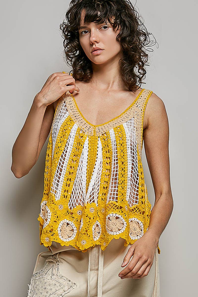 V-Neck Sleeveless Scalloped Edge Stripe Border Crochet Top