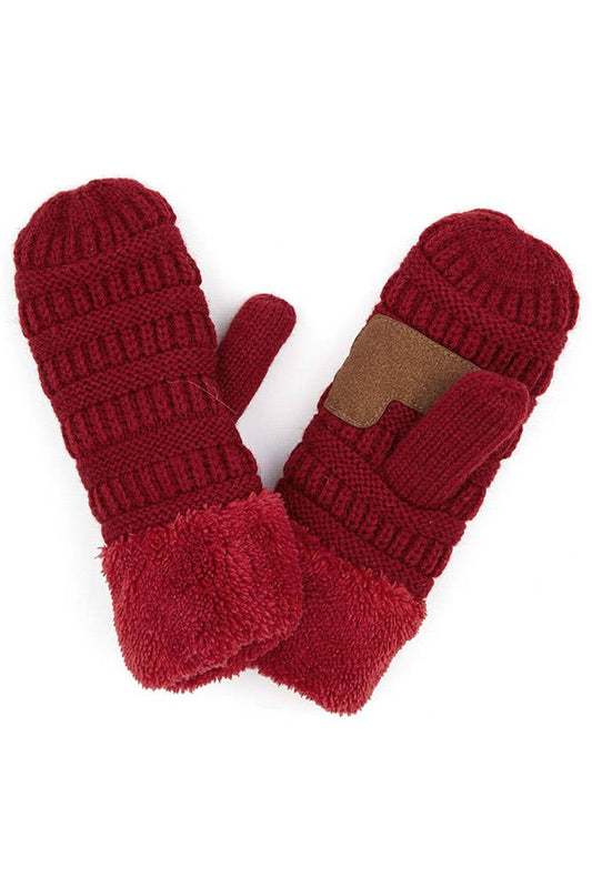 C.C Solid Color Knitted Mitten Gloves: Burgundy