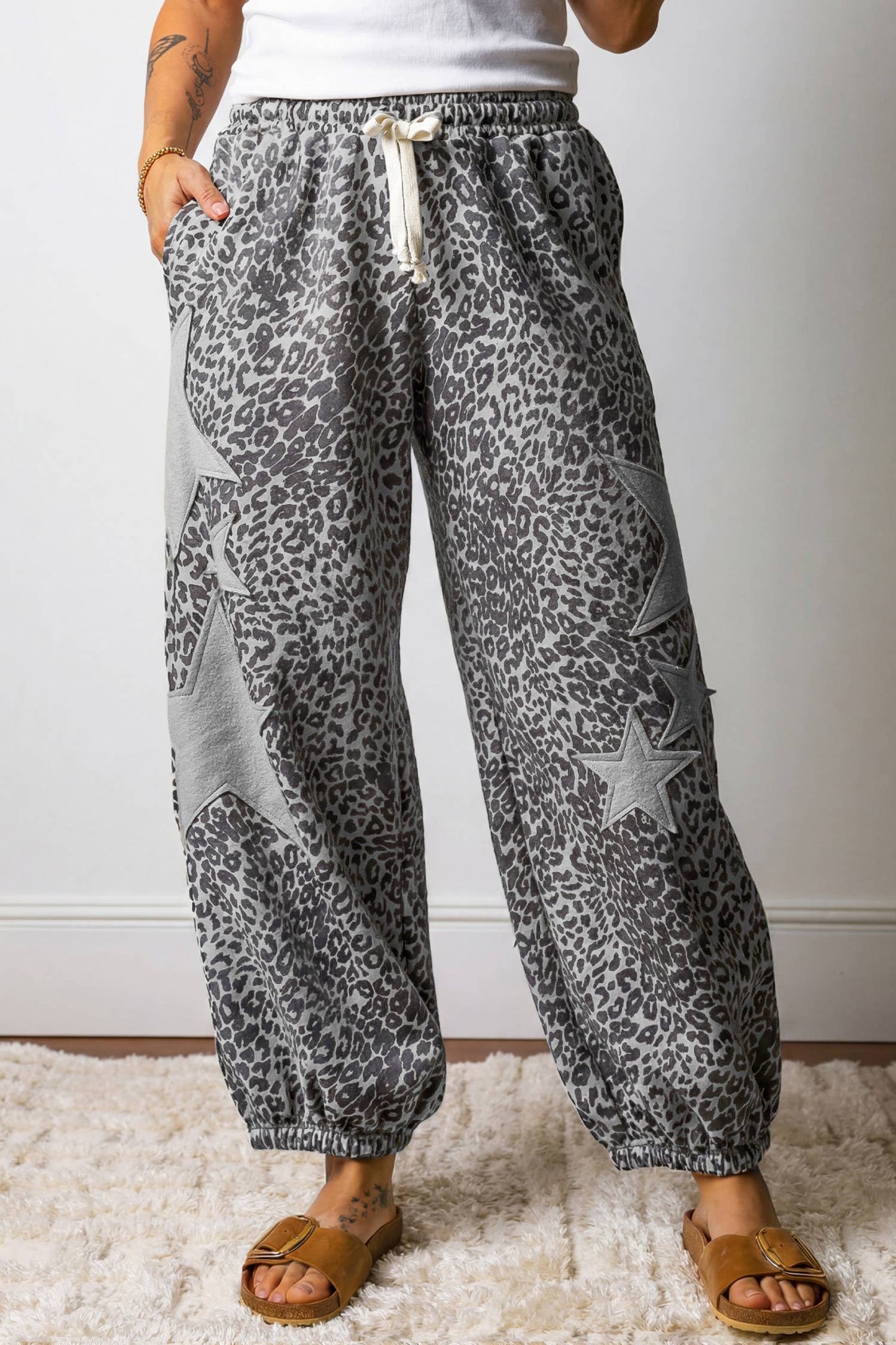 Leopard Print Star Patched Elastic Waist Jogger Pants