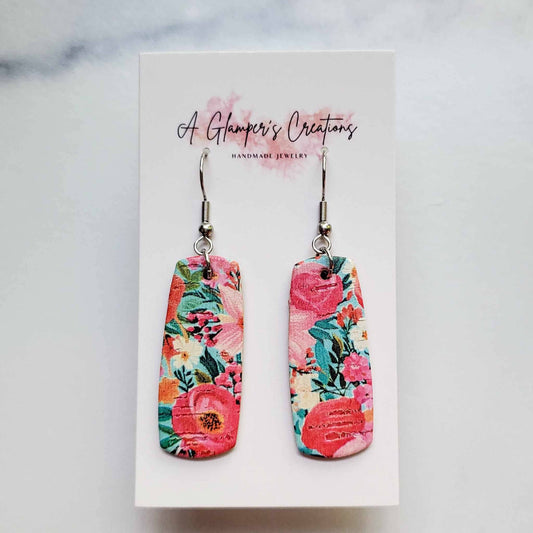 Pink Summer Floral Mini Bar Leather Earrings