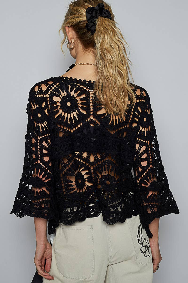 Round Neck 3/4 Sleeve Crochet Cropped Top