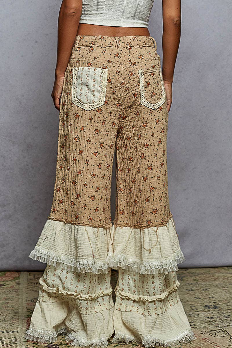 Double Gauze Floral Front Patch Pockets Ruffle Wide Pants