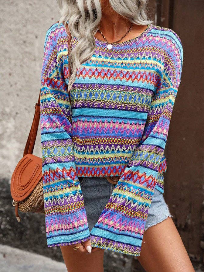 Boho Multicolor Geometric Knit Bell Sleeve Top Multicolor (Red)