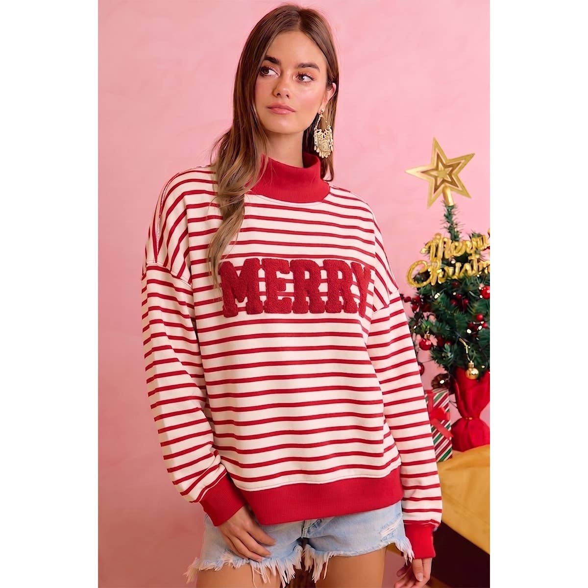 Christmas Stripe and MERRY Patchwork Mock Neck Shirt