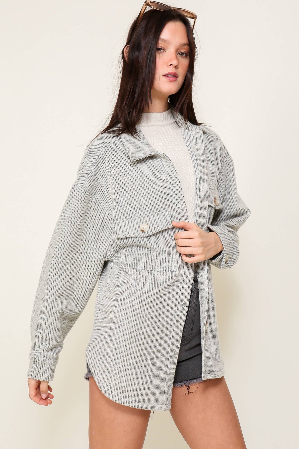 Brushed Waffle Button-Up Shacket: Gray