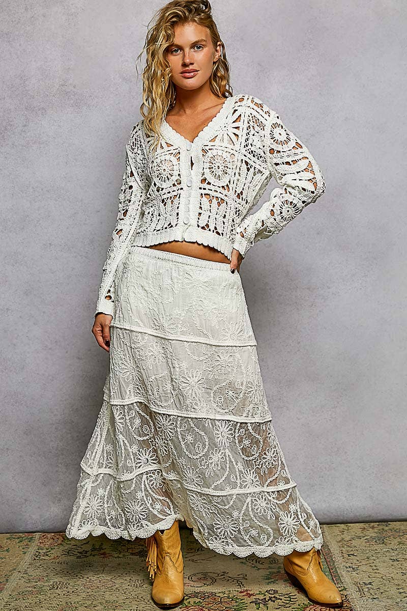 Crochet Floral Embroidery Lining Roomy Fit Skirt