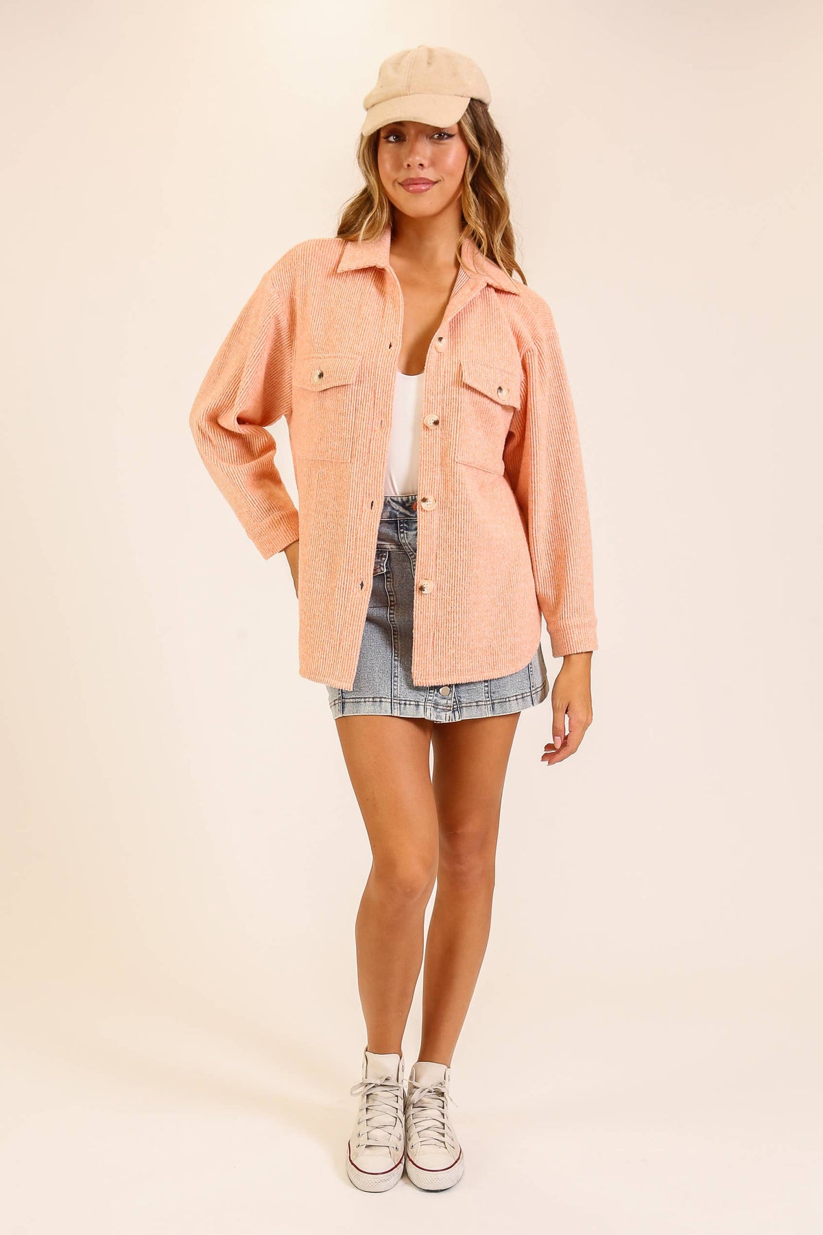 Brushed Waffle Button-Up Shacket: Pink