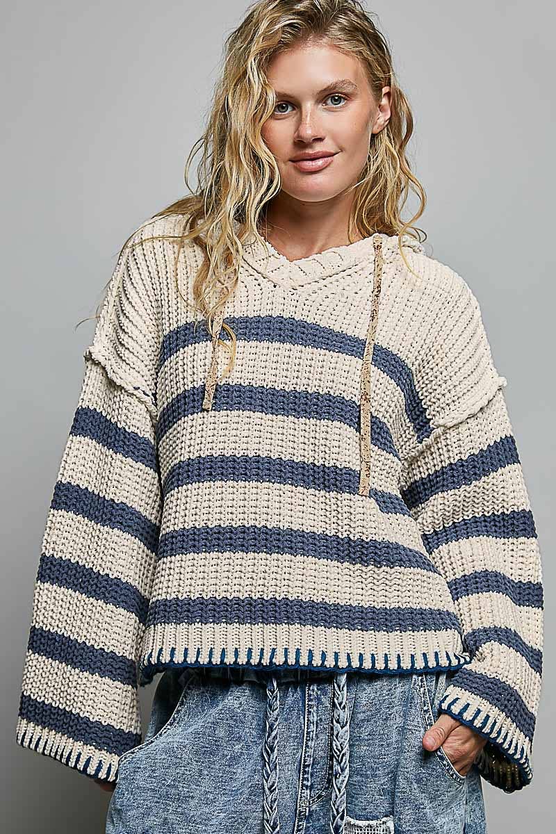 Hoodie V-neck Striped Long Sleeve Stitch Chenille Sweater: CREAM/NAVY
