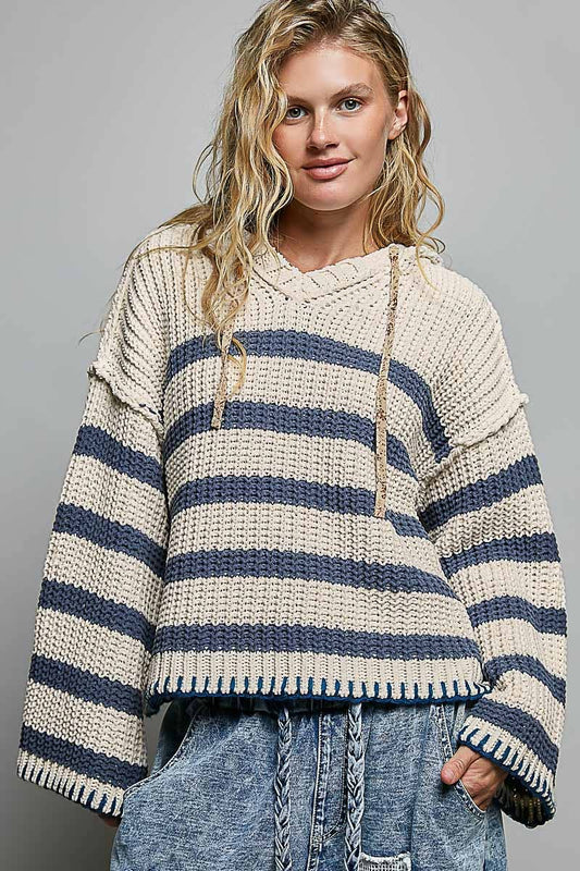 Hoodie V-neck Striped Long Sleeve Stitch Chenille Sweater: CREAM/NAVY