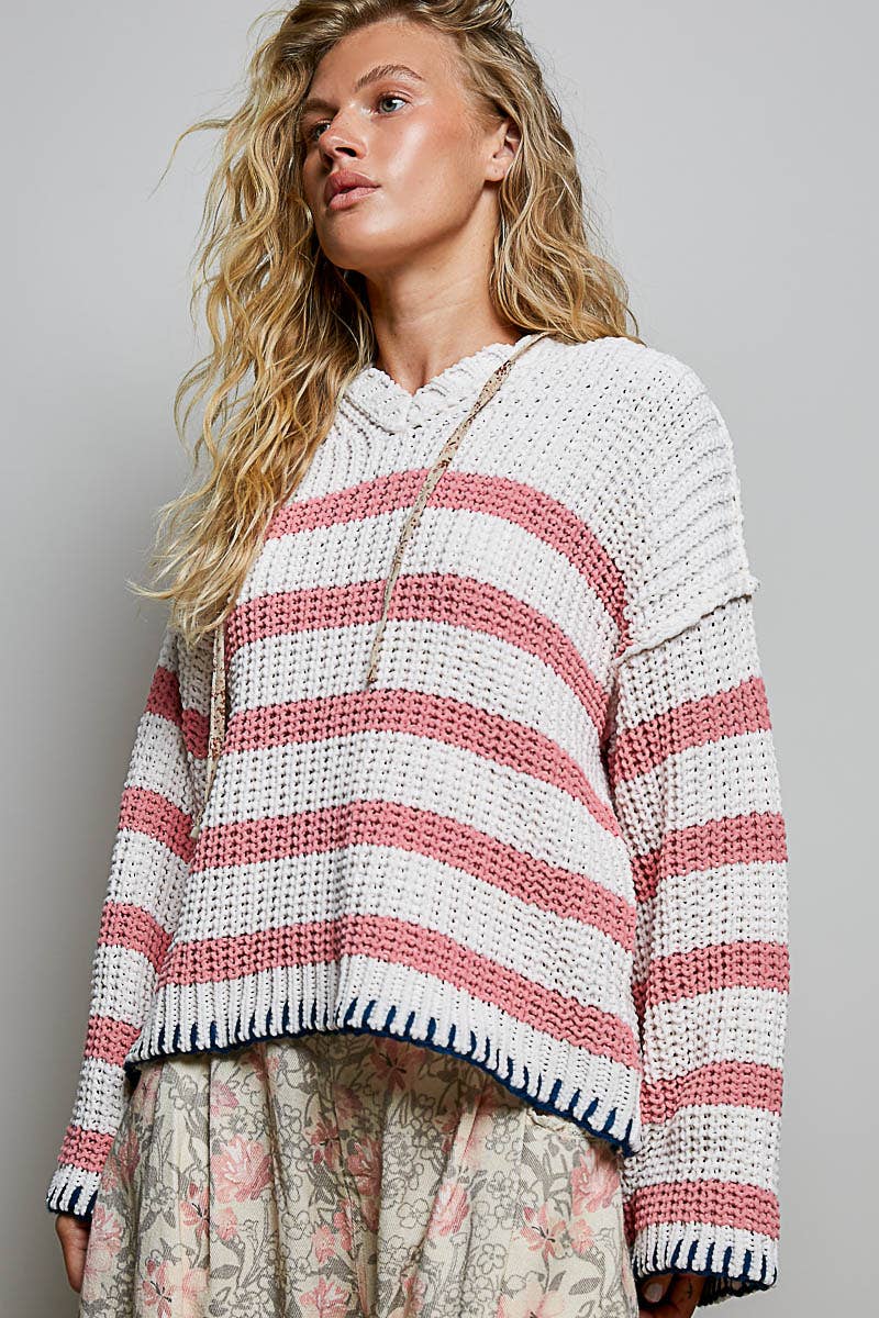 Hoodie V-neck Striped Long Sleeve Stitch Chenille Sweater: CREAM/NAVY