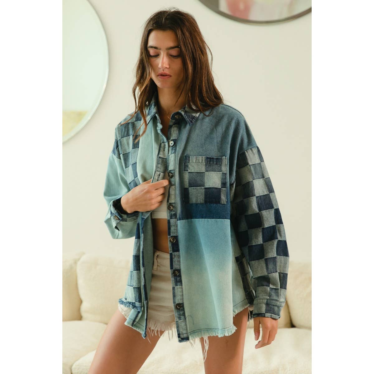 Checker Denim Mix Match Washed Shirt