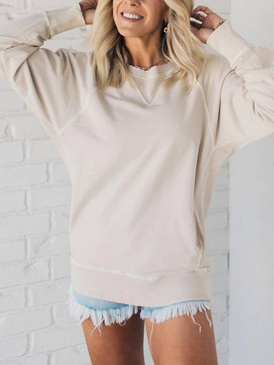 RIBBED POCKET PULLOVER LONG-SLEEVED LOOSE SWEATSHIRT WITH POCKETS