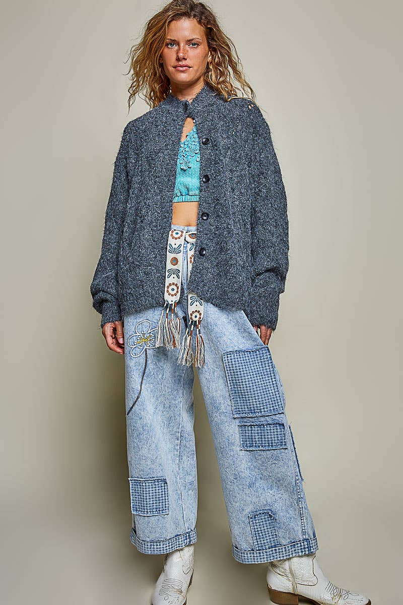 Relaxed Fuzzy Knit Pointelle Detail Ribbed Trim Cardigan: CHARCOAL One Size