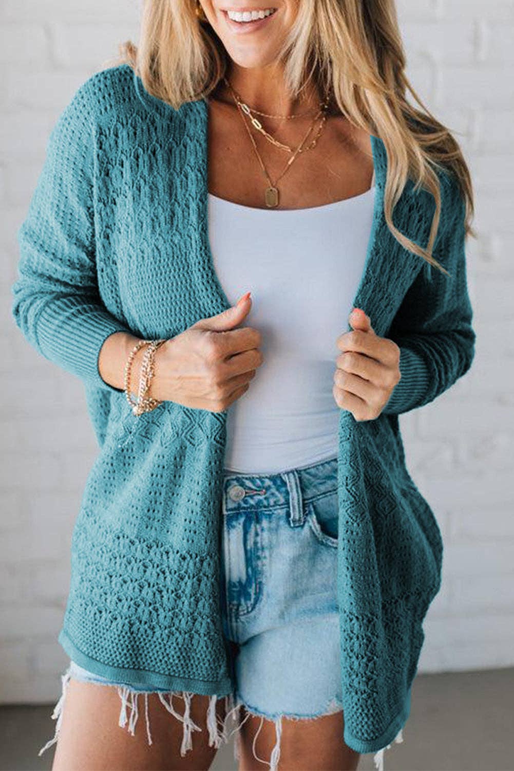 Redwood Burl Mix Pattern Hollowed Knit Open Front Cardigan