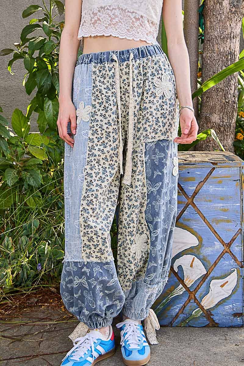 Crochet patch detail contrast patchwork printed woven pants