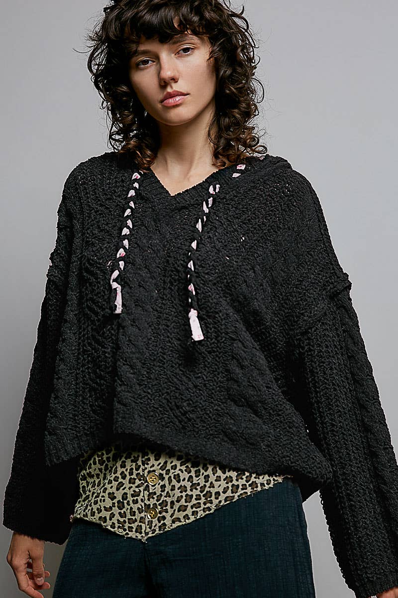 Oversize Fit V-neck Hooded Cable Knit Chenille Sweater