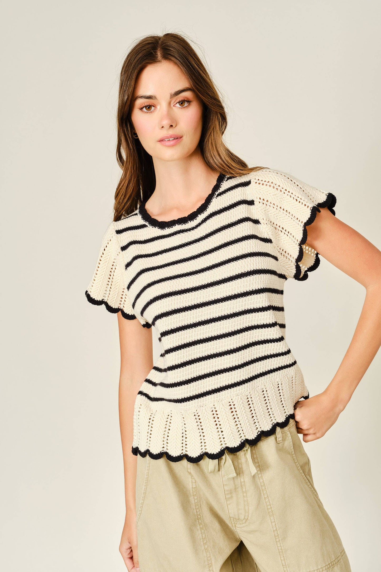 Striped Crochet short sleeved Sweater
