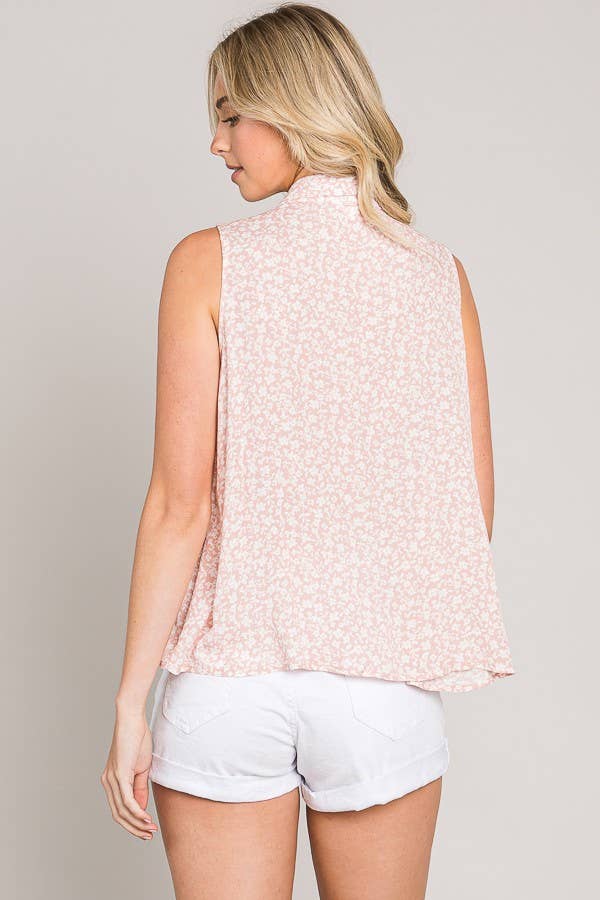 Ditsy Floral Button Up Sleeveless Ruffle Tiered Woven Shirt