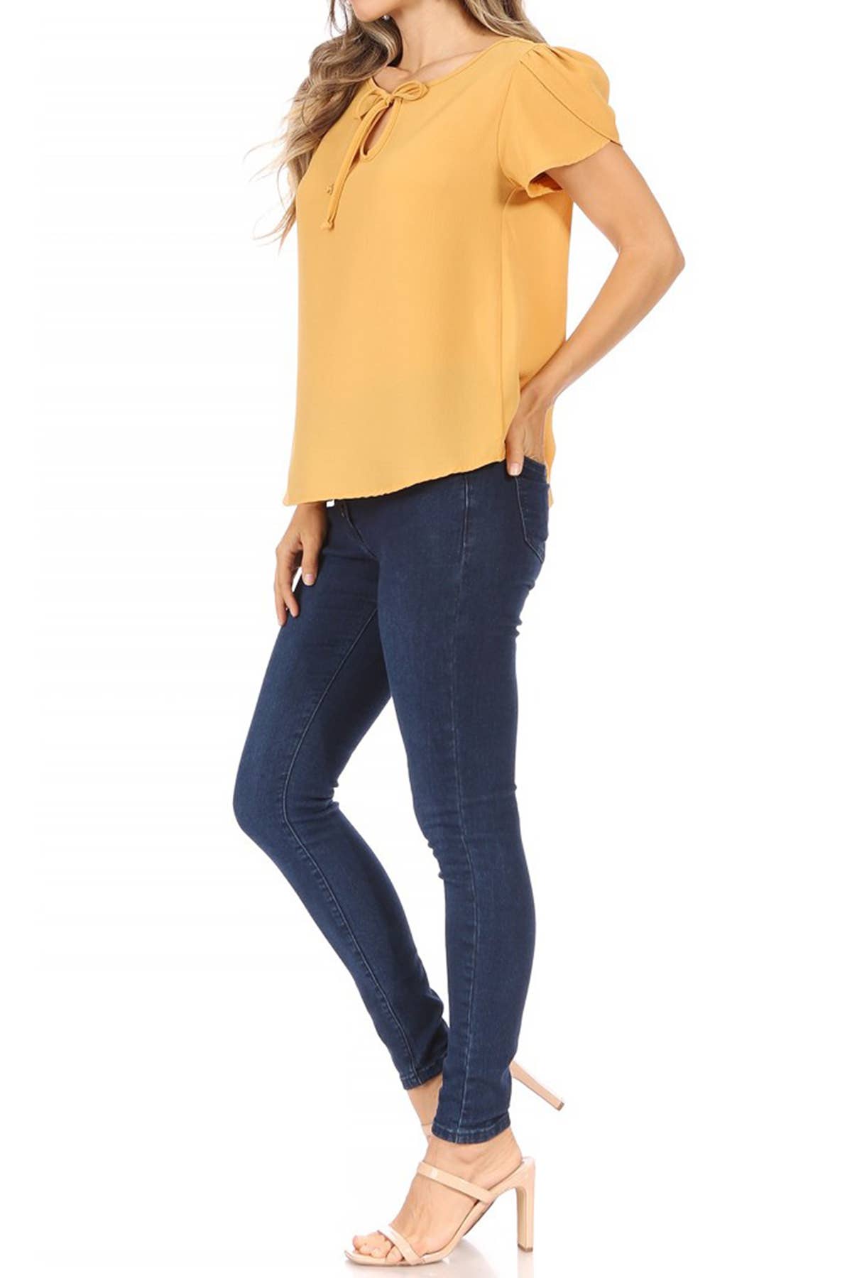 Women's Casual Solid Sleeve Tie Round Neck Shirt