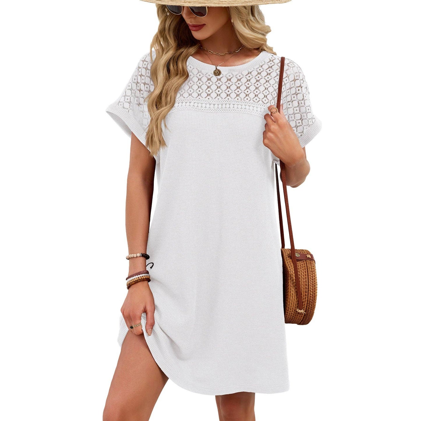 Lace Patchwork Casual Short Sleeve Loose Dress