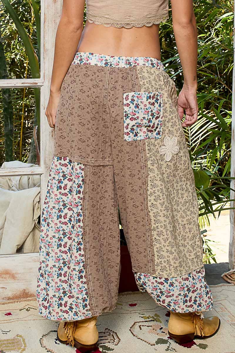 Crochet patch detail contrast patchwork printed woven pants