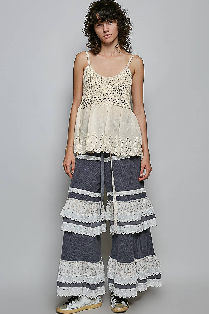 Round Neck Sleeveless Eyelet Ruffle Embroidered Crochet Tank Top