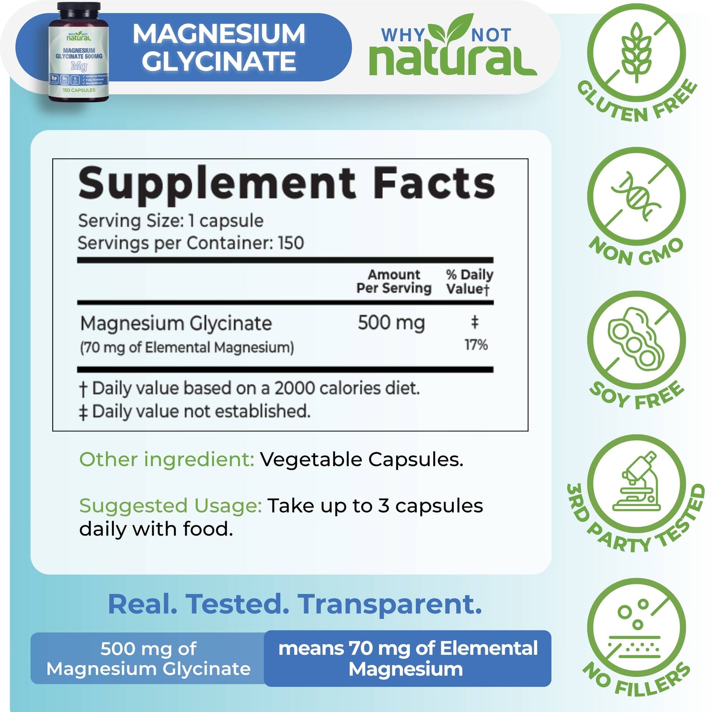 Magnesium Glycinate 500 mg Capsules Supplement - Vegan, 100%