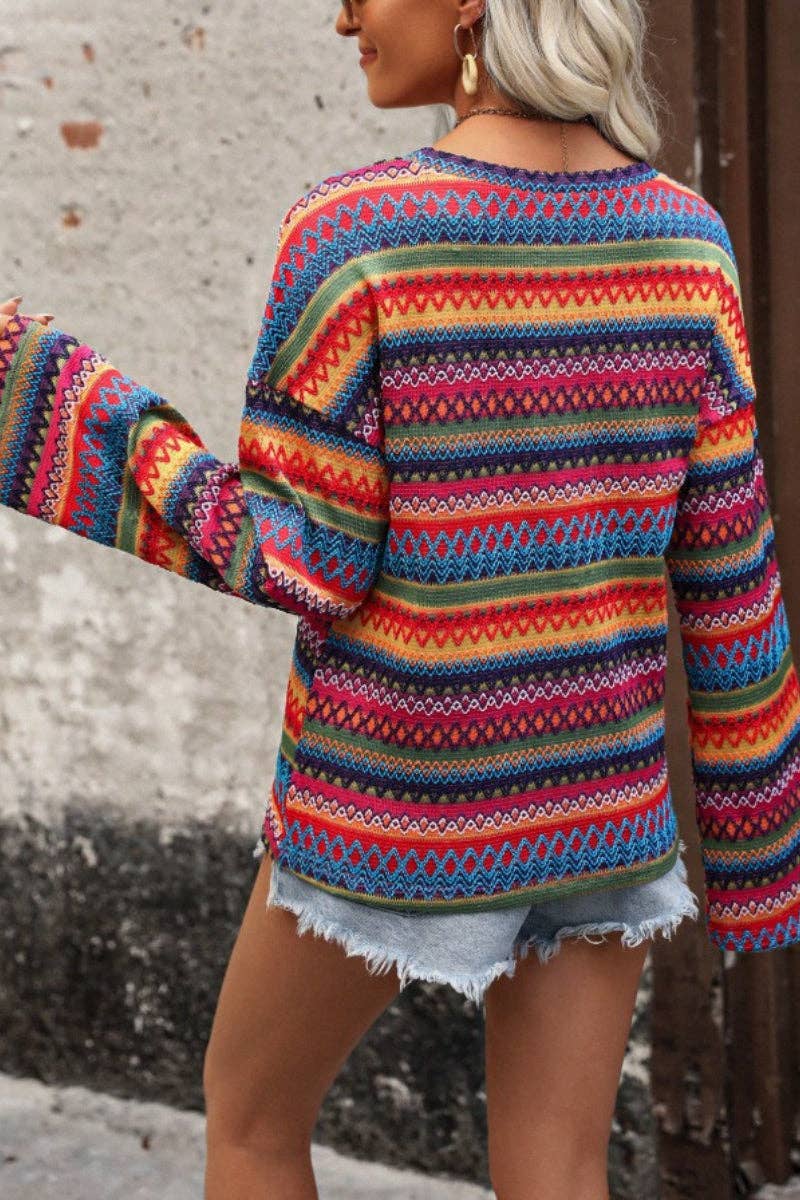 Boho Multicolor Geometric Knit Bell Sleeve Top Multicolor (Red)