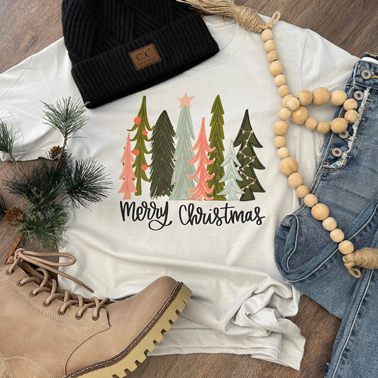 Merry Christmas Pink and Green Trees Tee