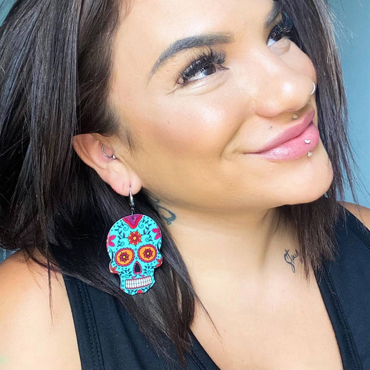Teal Skull Crush Dangle Earrings