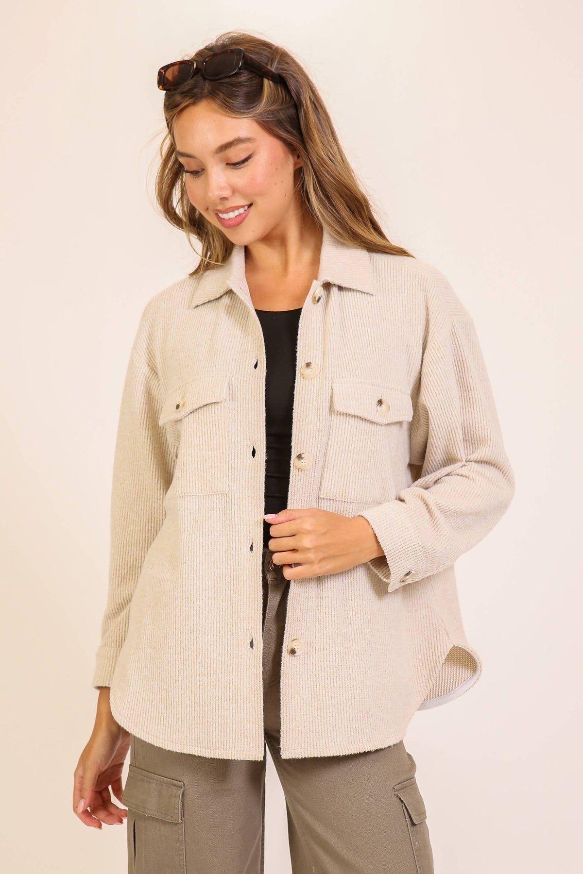 Brushed Waffle Button-Up Shacket: OATMEAL