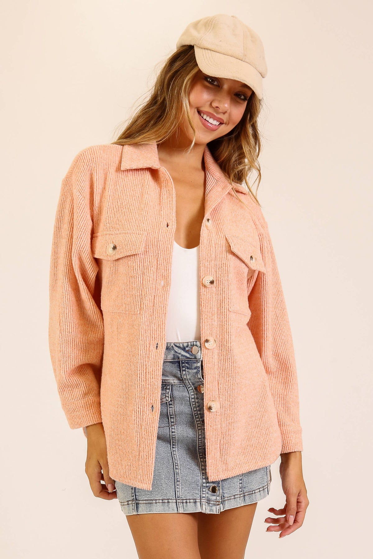 Brushed Waffle Button-Up Shacket: OATMEAL