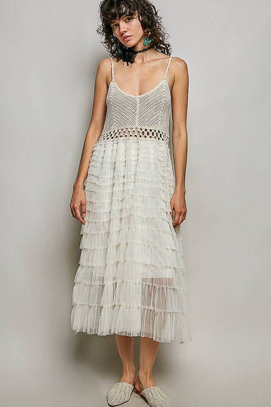 Round neck sleeveless crochet lace ruffle dress