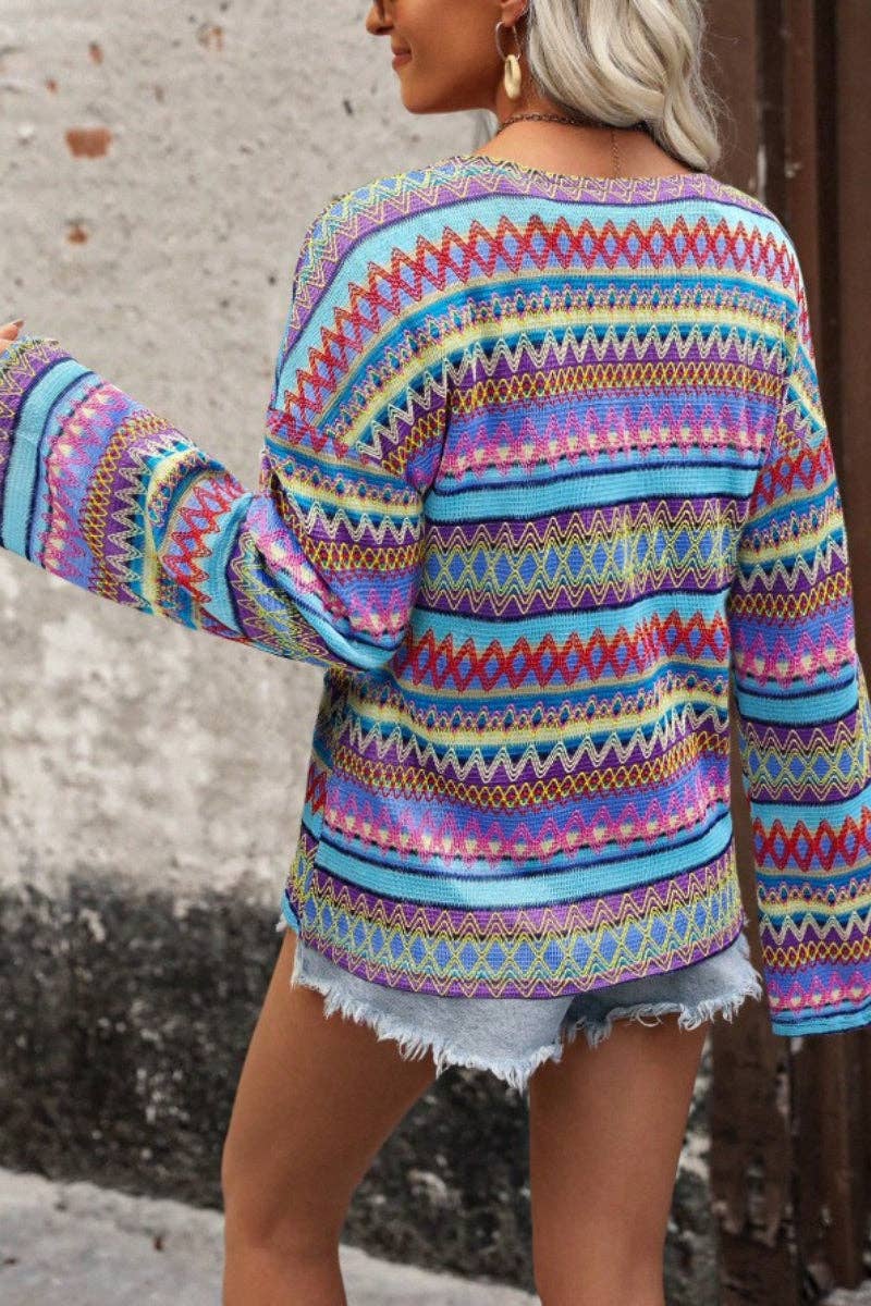 Boho Multicolor Geometric Knit Bell Sleeve Top Multicolor (Red)