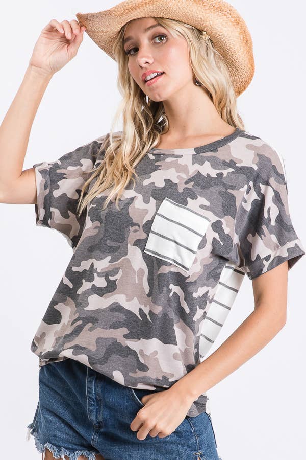 Camo Print Striped Pocket Short Sleeve Shirt