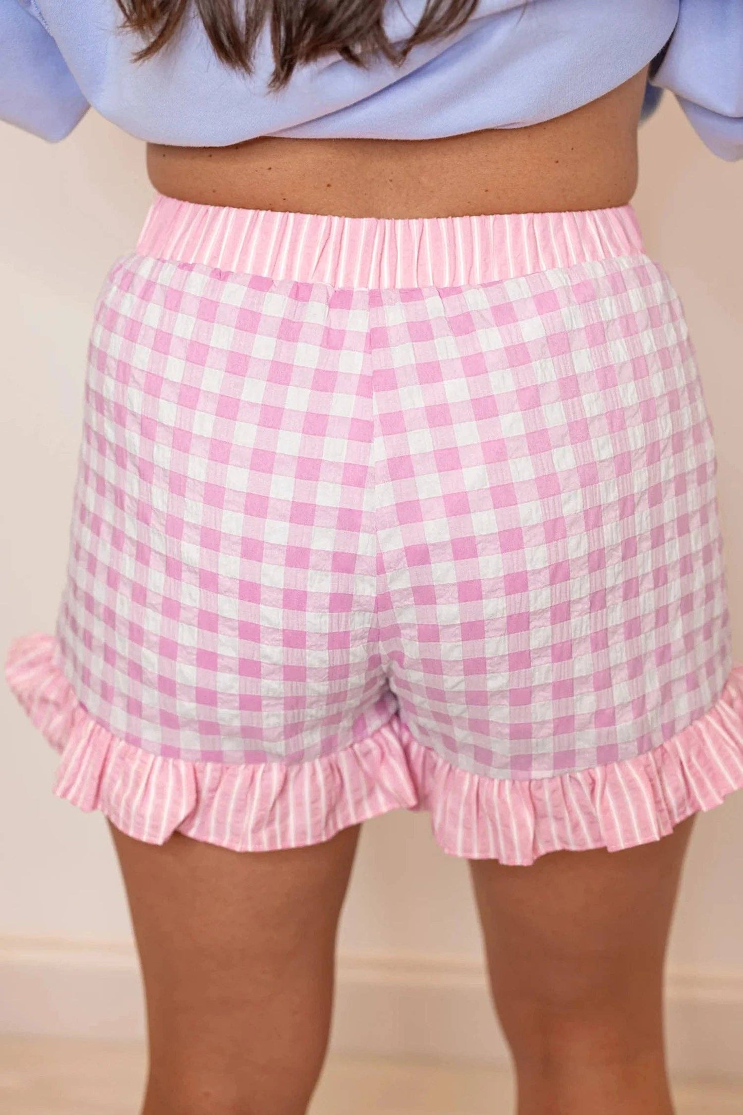 Pink Gingham Print Ruffled Shorts