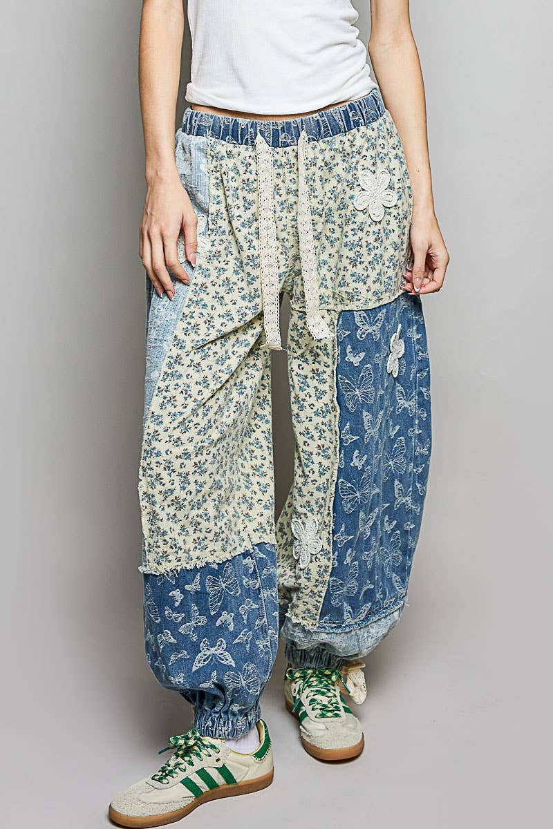 Crochet patch detail contrast patchwork printed woven pants
