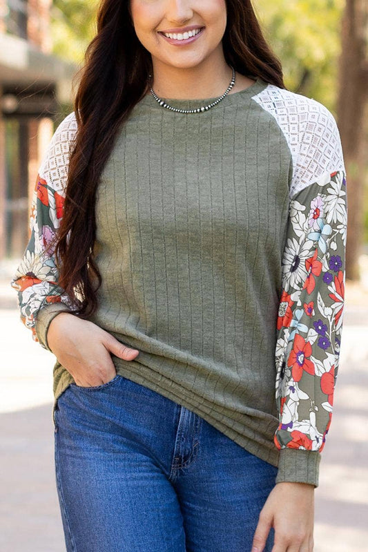 Floral Patchwork Ribbed Blouse with Long Sleeves in Laurel