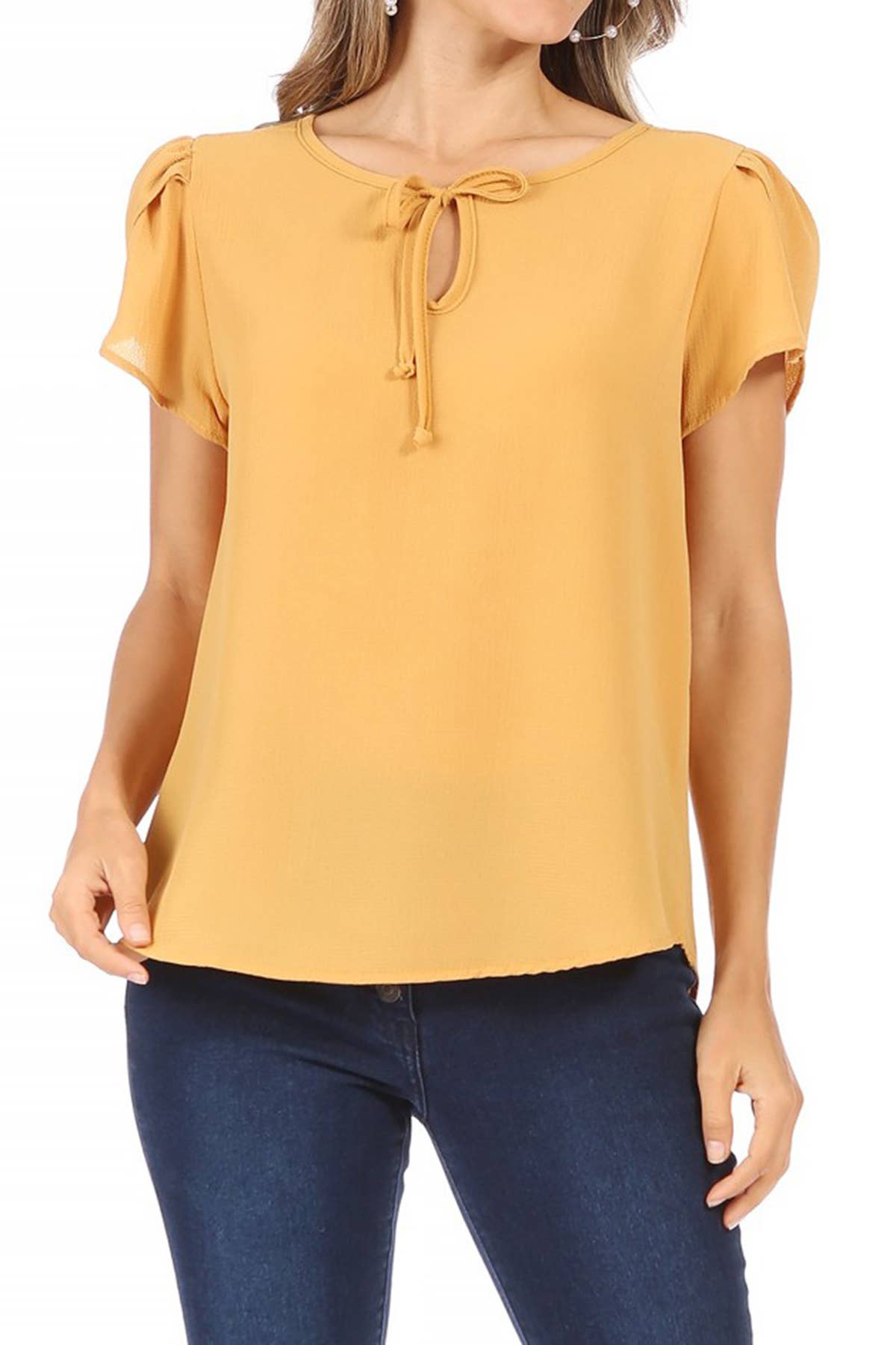 Women's Casual Solid Sleeve Tie Round Neck Shirt