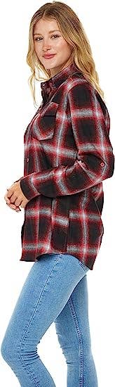 Women's Lightweight Button Down Flannel Shirt: Red Plaid