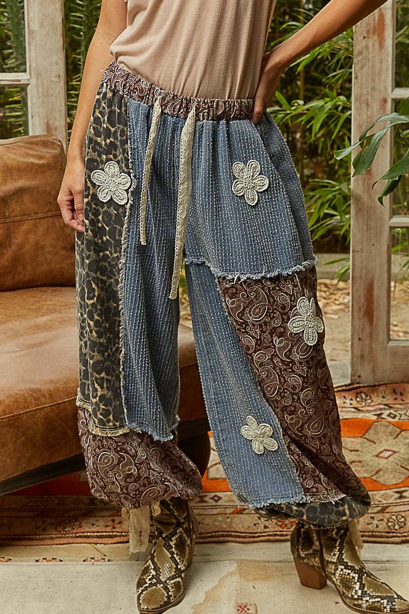Crochet patch detail contrast patchwork printed woven pants