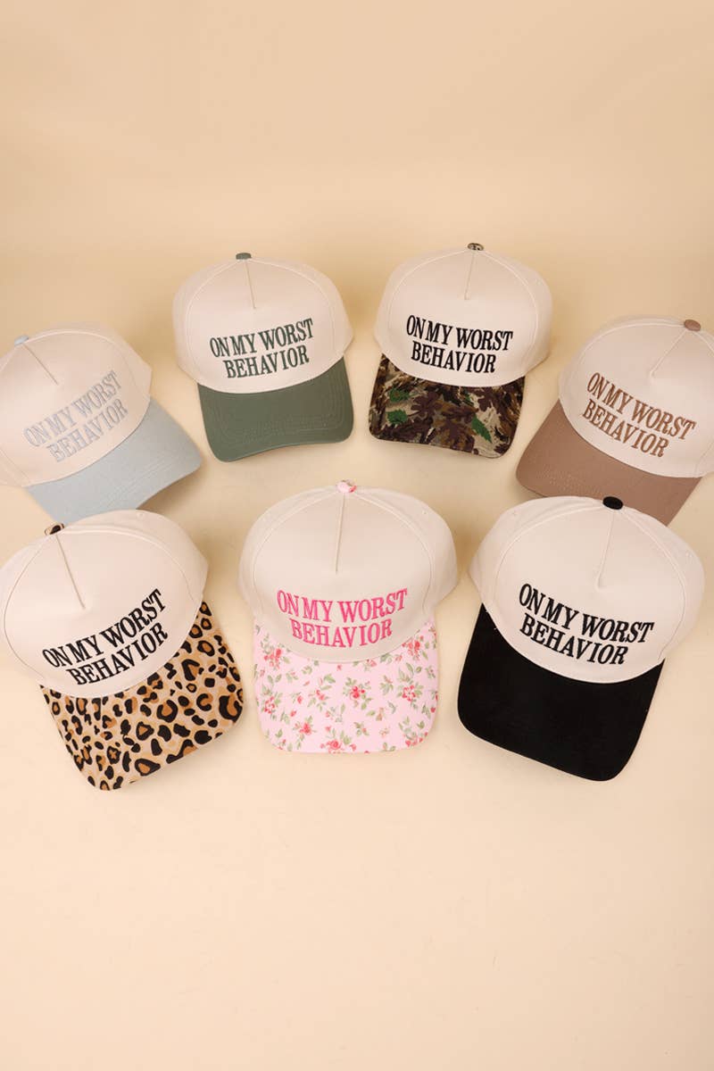 On My Worst Behavior Two Tone Canvas Cotton Cap: BLACK