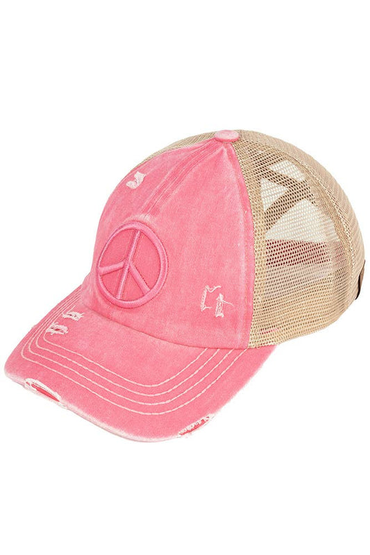 Peace Sign Distressed Criss Cross Pony Cap