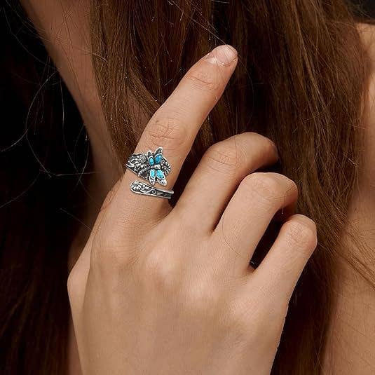Bohemian Turquoise Dragonfly Sunflower Open Ring
