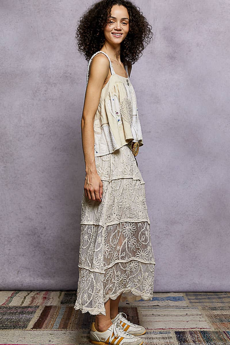 Crochet Floral Embroidery Lining Roomy Fit Skirt