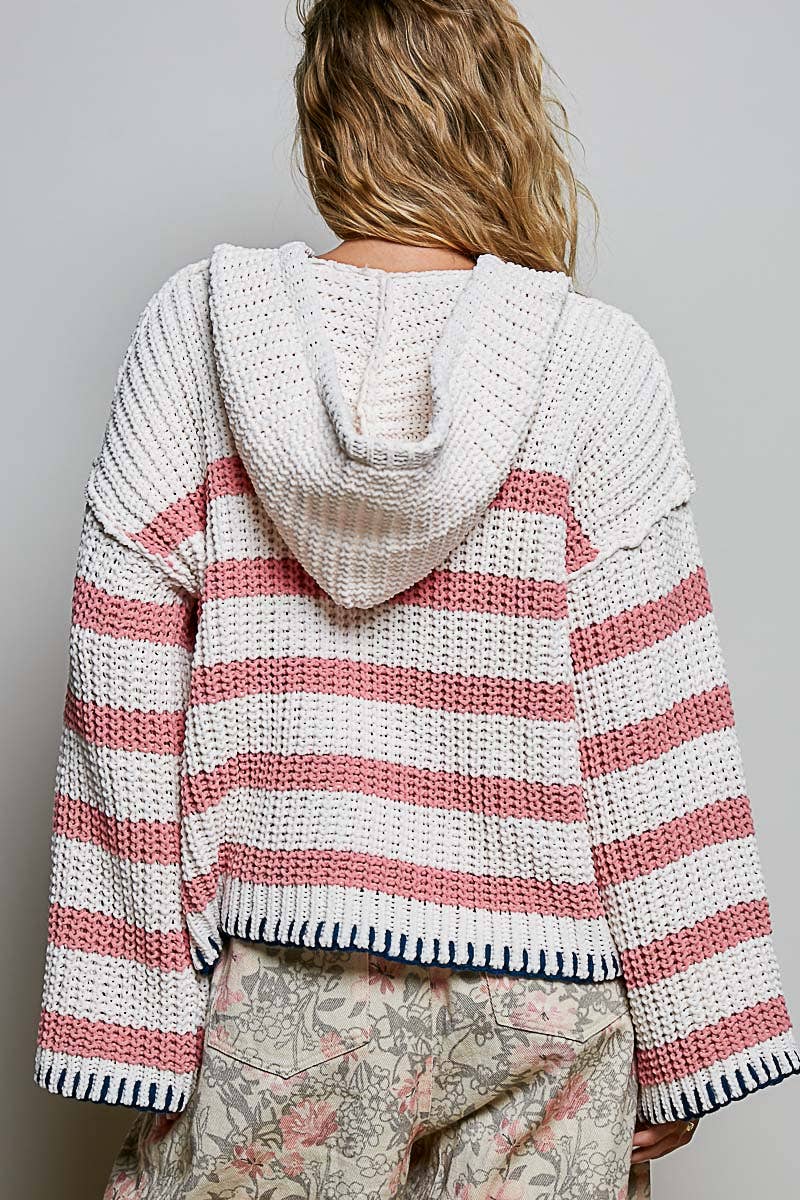 Hoodie V-neck Striped Long Sleeve Stitch Chenille Sweater: CREAM/NAVY