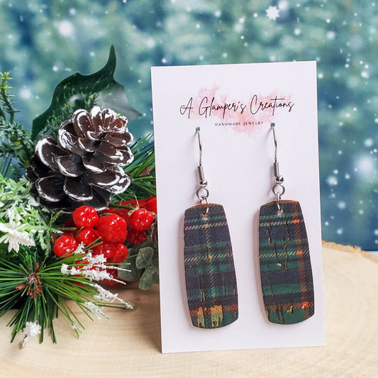 Green and Navy Plaid Christmas Mini Bar Leather Earrings